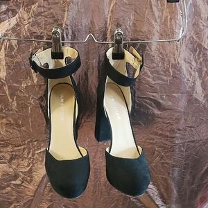 Sun + Stone Black Suede Ankle-Strap Block Heels